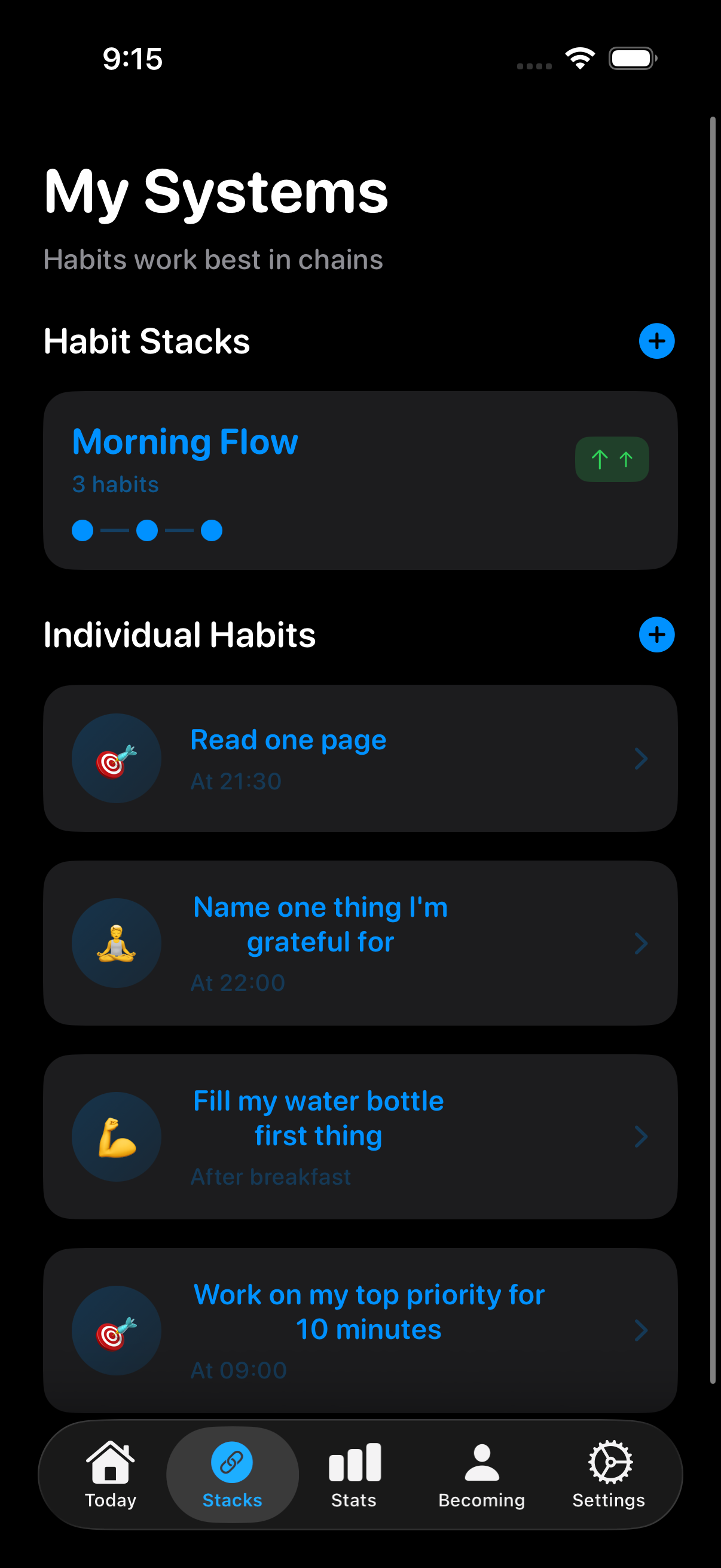 Habit stacking app – systems view showing chained morning routine
